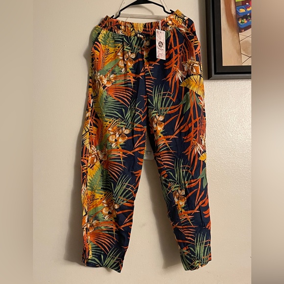 Panama Jack Pants - Panama Jack Hawaiian Leaf Print Linen Blend Elastic Waist Floral Wide Leg Pants